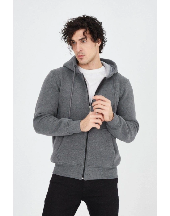 Kapüşonlu Düz Fermuarlı Hırka - Füme