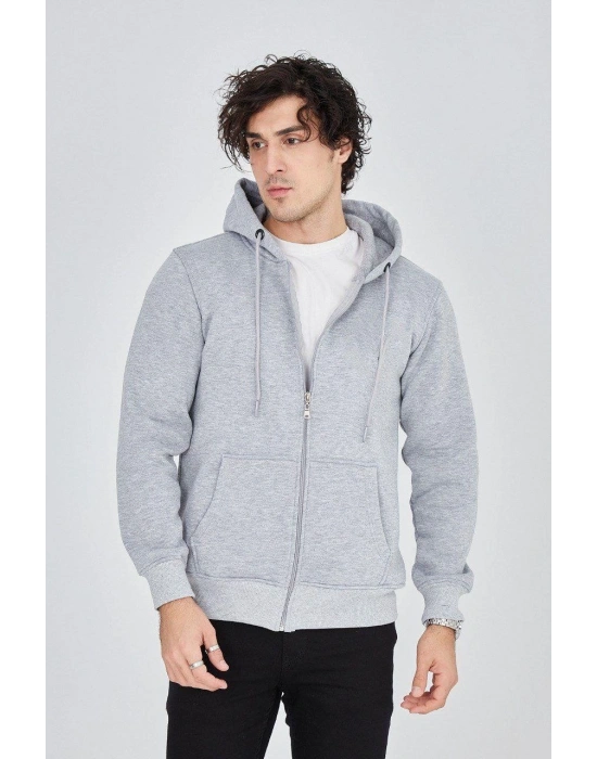 Kapüşonlu Düz Fermuarlı Hırka - Gri