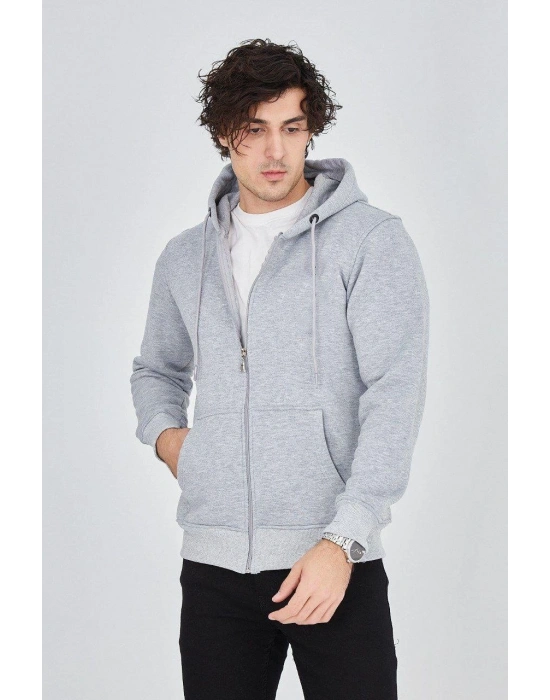 Kapüşonlu Düz Fermuarlı Hırka - Gri