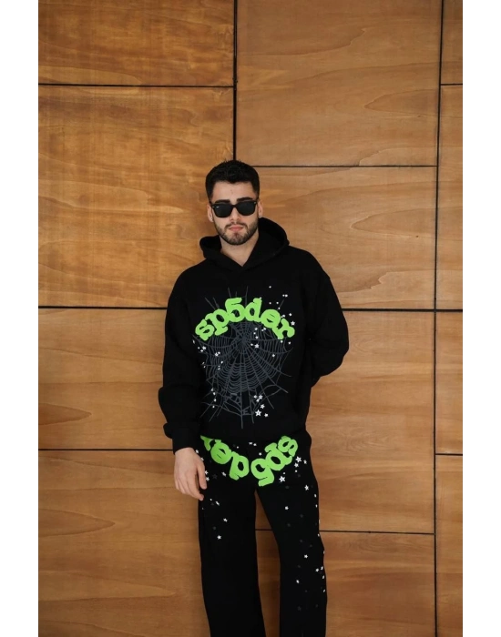 Kapüşonlu Eşofman Takım Örümcek Ağı ve Neon Yeşil Baskılı Kanguru cepli Oversize Rahat Kalıp, Premium Üç İplik Kumaş - Siyah -