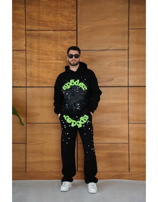 Kapüşonlu Eşofman Takım Örümcek Ağı ve Neon Yeşil Baskılı Kanguru cepli Oversize Rahat Kalıp, Premium Üç İplik Kumaş - Siyah -