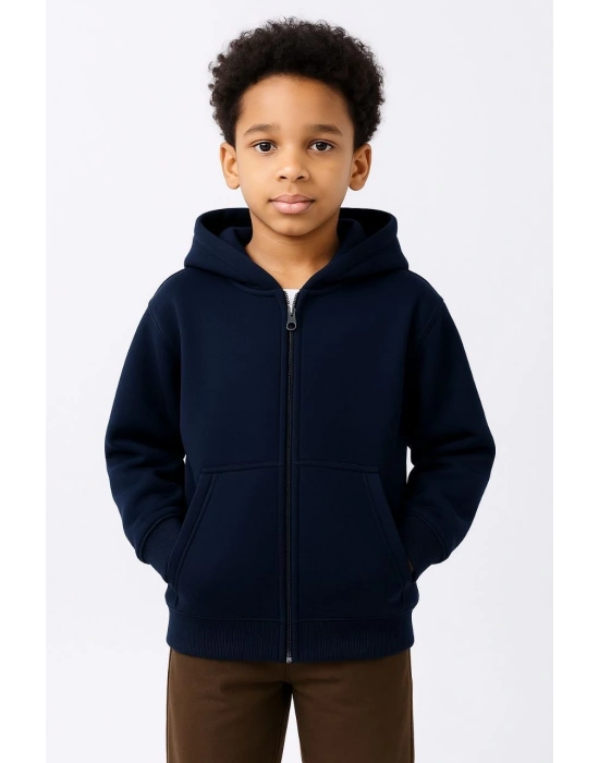 Kapüşonlu Kanguru Çepli Tam Fermuarlı Hırka SweatShirt - Lacivert -