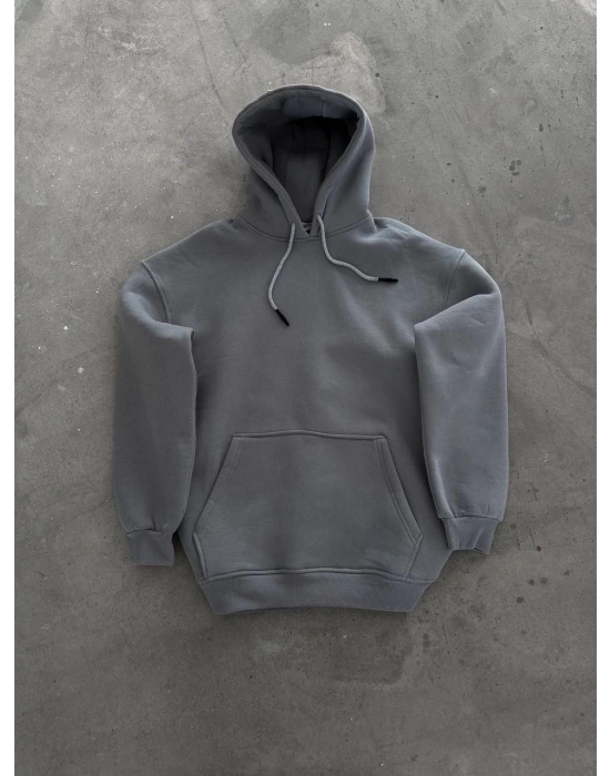 Kapüşonlu Üç İplik Penye Basic SweatShirt - Boyalı Gri -