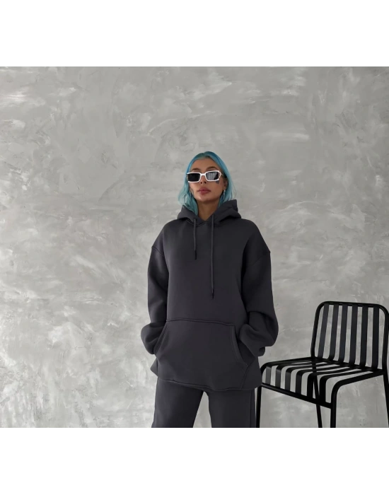 Kapüşonlu Üç İplik Penye Basic SweatShirt - Füme -