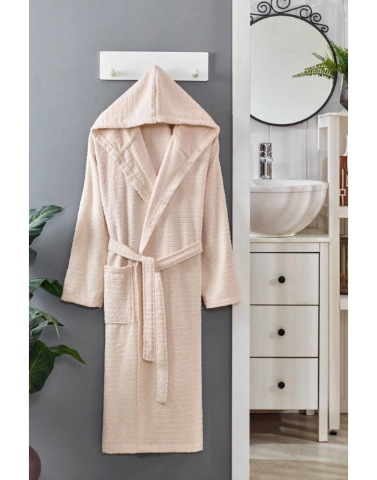 Kapüşonlu Unisex Banyo Bornozu %100 Soft Pamuklu Krem