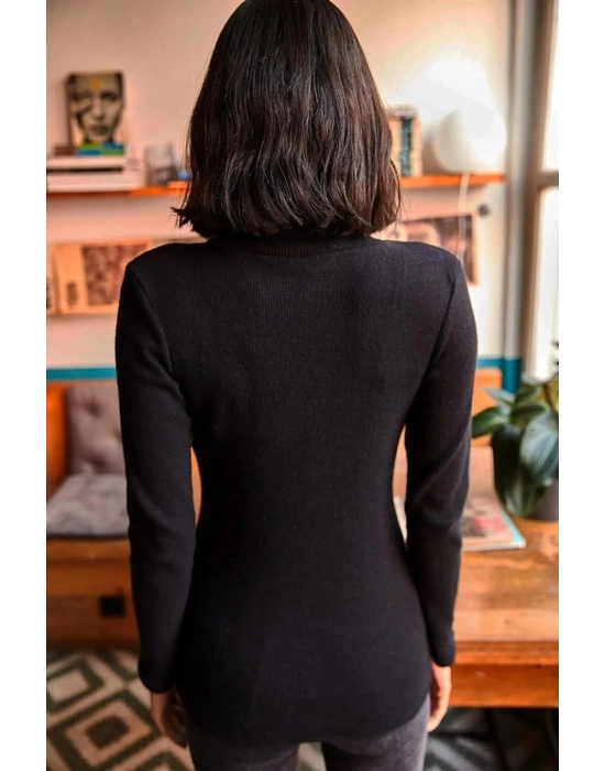 Kaşkorse Boğazlı Full Likralı Fitilli Body Kazak - Siyah