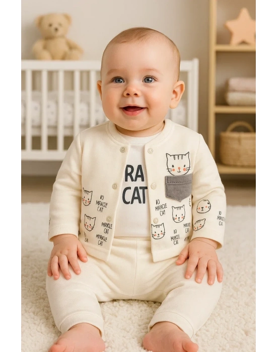 Kedi Desenli 3lü Hırkalı Kız Bebek Takım