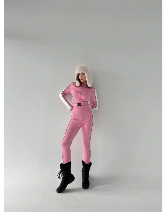 Kemer Detaylı Fermuarlı Tulum - Pembe -