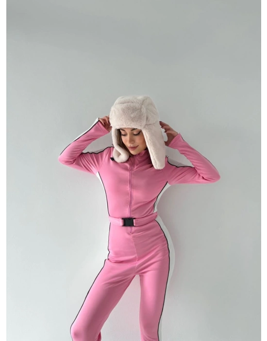 Kemer Detaylı Fermuarlı Tulum - Pembe -