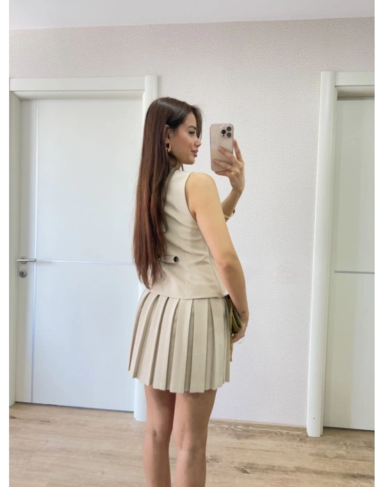 Keten Takım Görünümlü Düğme Detaylı Yelekli Mini Elbise - Bej -