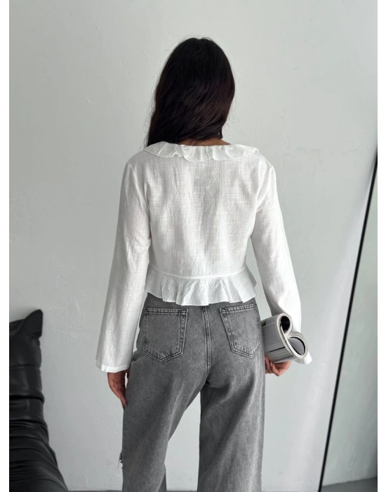 Keten Uzun Kol Bağacık Detaylı Bluz - Beyaz -