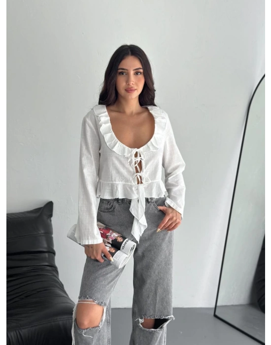 Keten Uzun Kol Bağacık Detaylı Bluz - Beyaz -