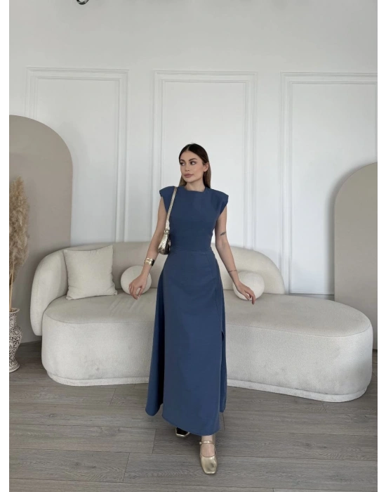 Keten Yandan Yırtmaçlı Uzun Elbise Sıfır Kol Elbise - Mavi -