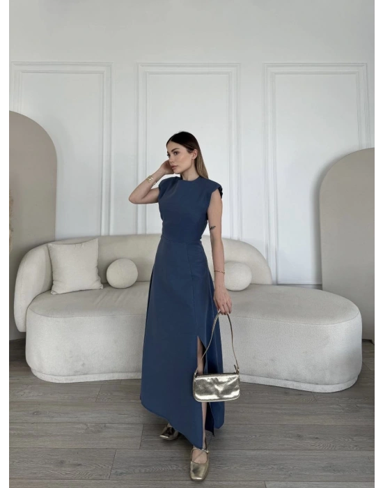 Keten Yandan Yırtmaçlı Uzun Elbise Sıfır Kol Elbise - Mavi -