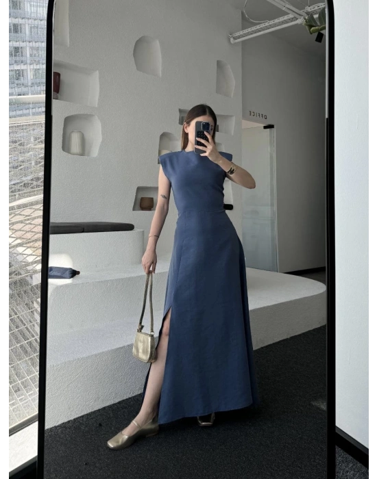 Keten Yandan Yırtmaçlı Uzun Elbise Sıfır Kol Elbise - Mavi -