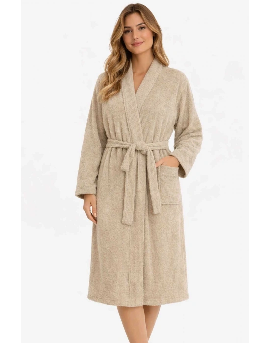 Kimono Yaka Unisex Pamuklu Tek Kişilik Bornoz Bej