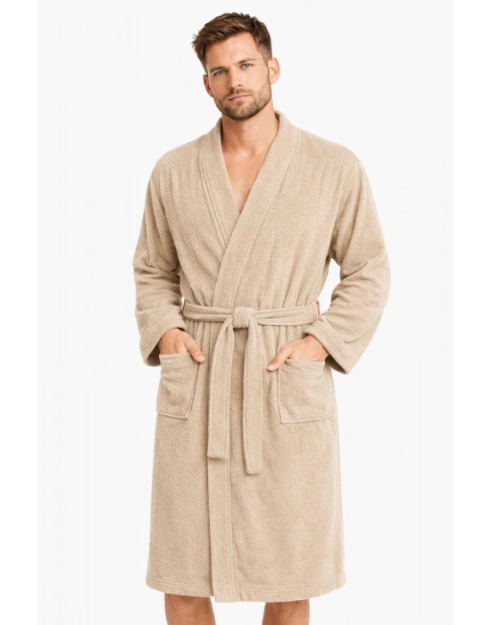 Kimono Yaka Unisex Pamuklu Tek Kişilik Bornoz Bej