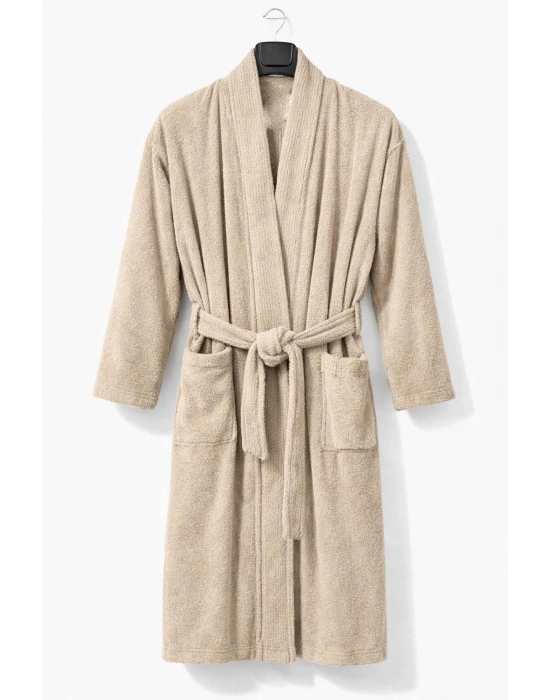 Kimono Yaka Unisex Pamuklu Tek Kişilik Bornoz Bej