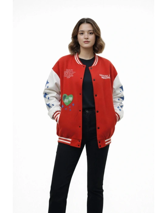 Kırmızı Varsity Çıtçıtlı Baskılı Oversize kalıp Kolej Ceket - Kırmızı