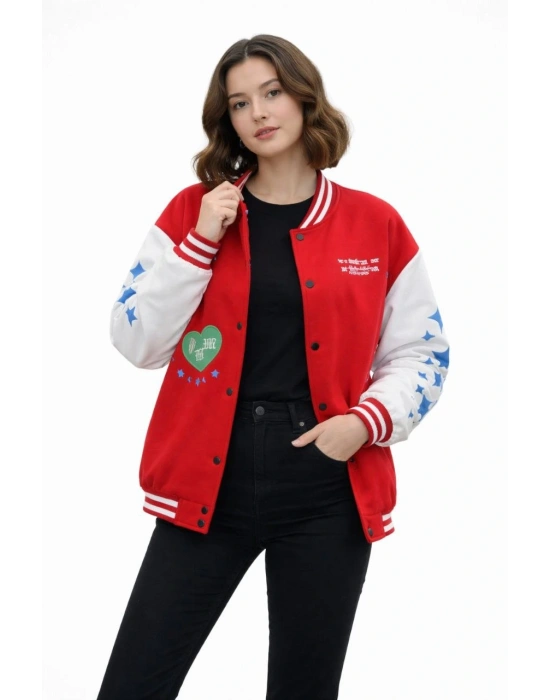 Kırmızı Varsity Çıtçıtlı Baskılı Oversize kalıp Kolej Ceket - Kırmızı