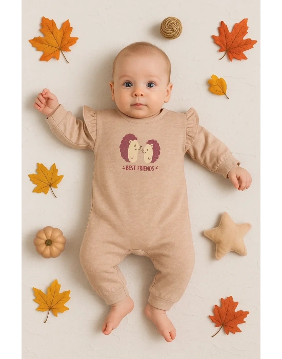 Kirpi Nakışlı % 100 Pamuk Kız Bebek Tulum