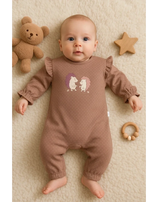 Kirpi Nakışlı % 100 Pamuk Kız Bebek Tulum