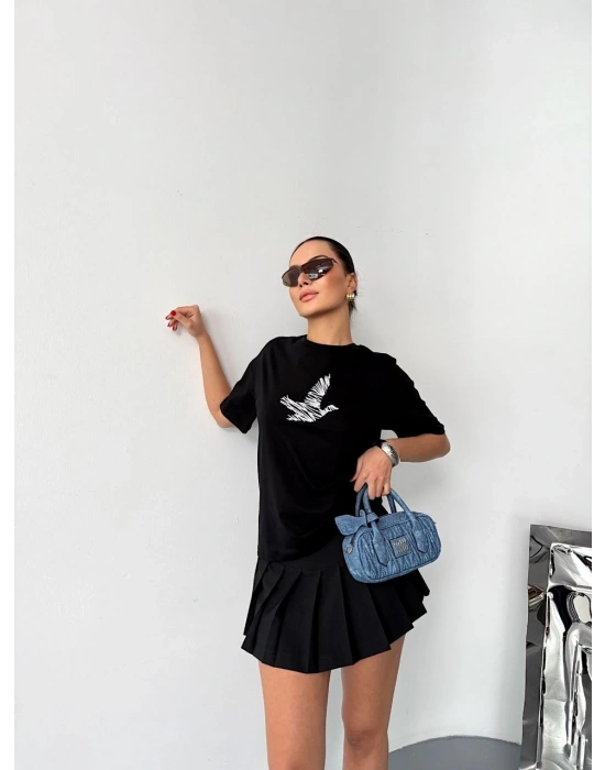 Kısa Kol Baskılı T-shirt - Siyah -