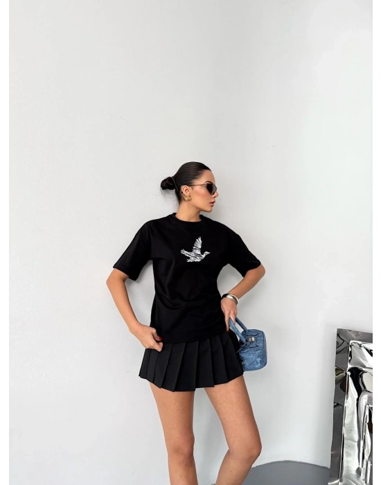 Kısa Kol Baskılı T-shirt - Siyah -