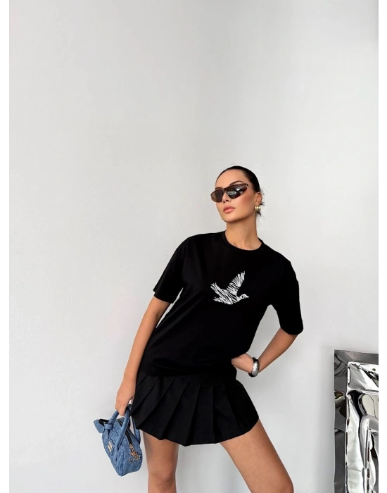 Kısa Kol Baskılı T-shirt - Siyah -