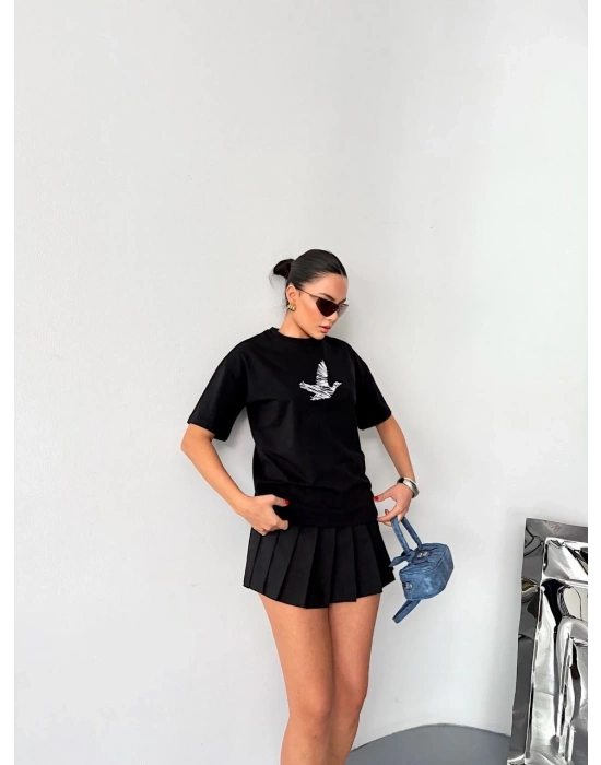 Kısa Kol Baskılı T-shirt - Siyah -