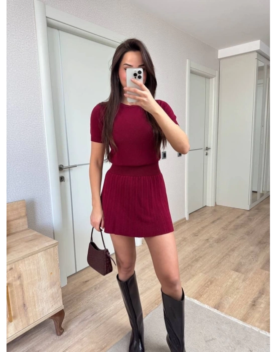 Kısa Kollu Bluz Mini Etekli ikili Takım Triko - Bordo -