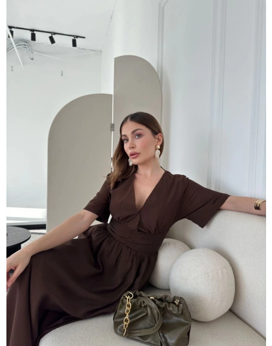 Kısa Kollu Uzun Elbise - Kahve -