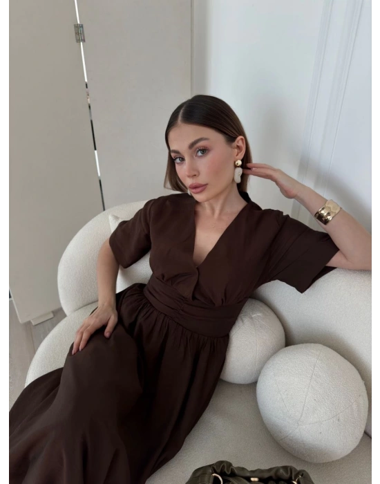 Kısa Kollu Uzun Elbise - Kahve -