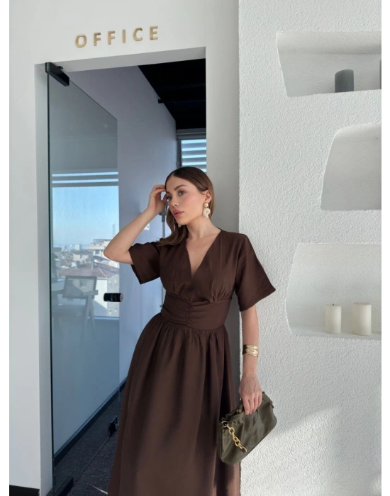 Kısa Kollu Uzun Elbise - Kahve -