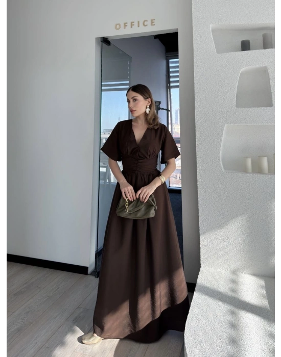 Kısa Kollu Uzun Elbise - Kahve -