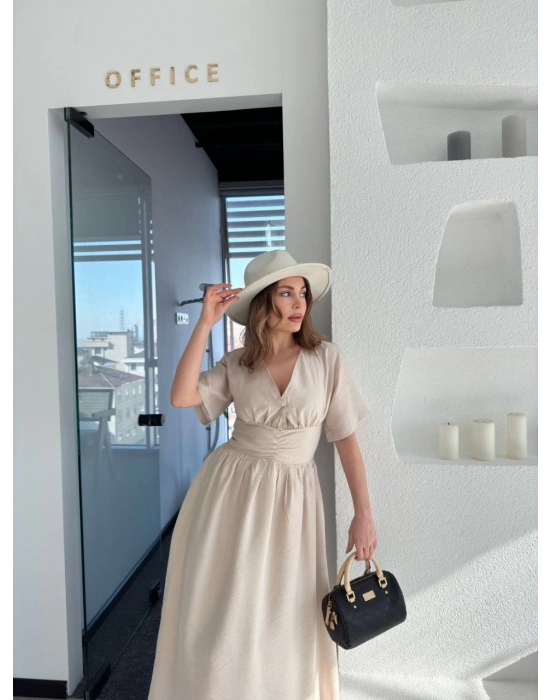 Kısa Kollu Uzun Elbise - Kırık Beyaz -