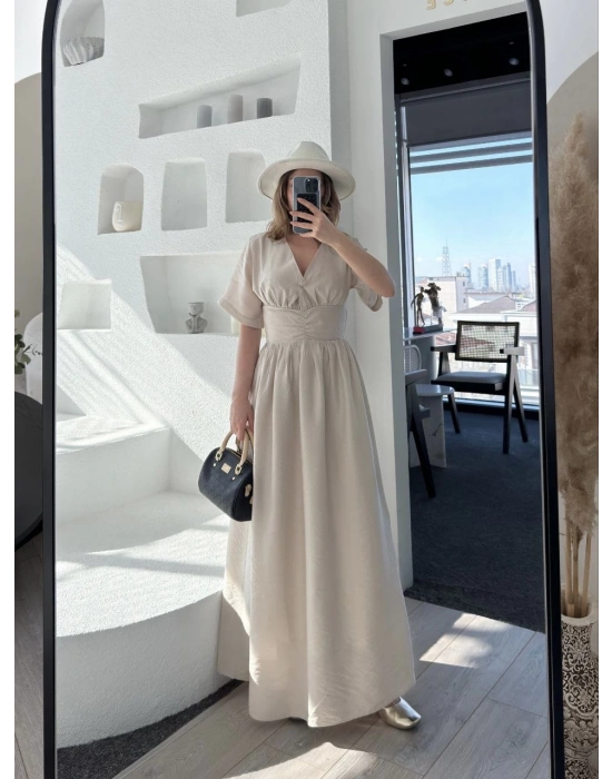 Kısa Kollu Uzun Elbise - Kırık Beyaz -