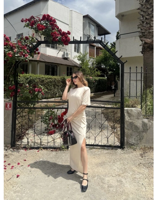 Kısa Kollu Uzun Yandan Yırtmaçlı Elbise - Bej -