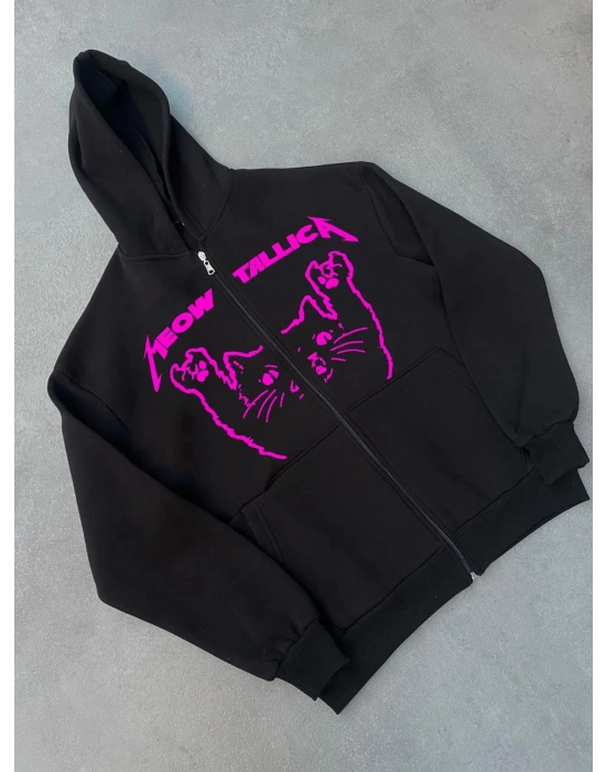 Kışlık Baskılı Fermuarlı Kapüşonlu Hırka - Siyah