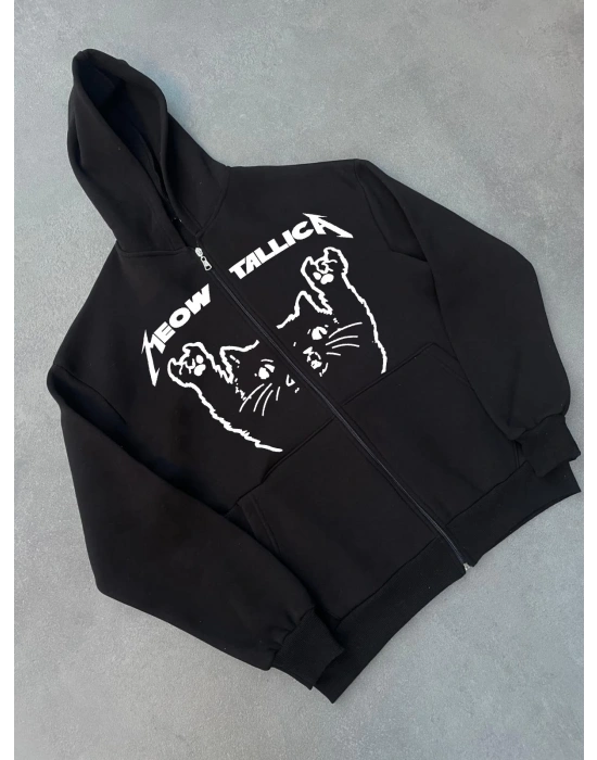 Kışlık Baskılı Fermuarlı Kapüşonlu Hırka - Siyah