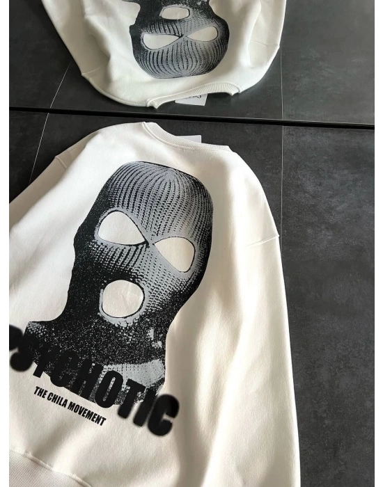 Kışlık Bisiklet Yaka Baskılı SweatShirt - Beyaz -