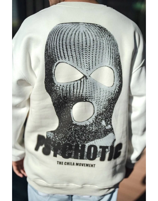 Kışlık Bisiklet Yaka Baskılı SweatShirt - Beyaz -