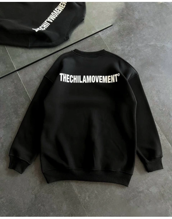 Kışlık Bisiklet Yaka Oversize Baskılı SweatShirt - Siyah -