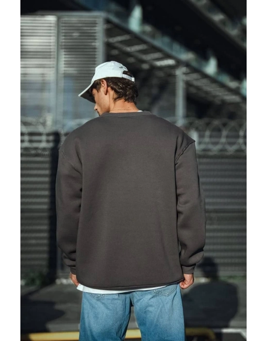 Kışlık Bisiklet Yaka Üç İplik Basic SweatShirt - Antrasit -