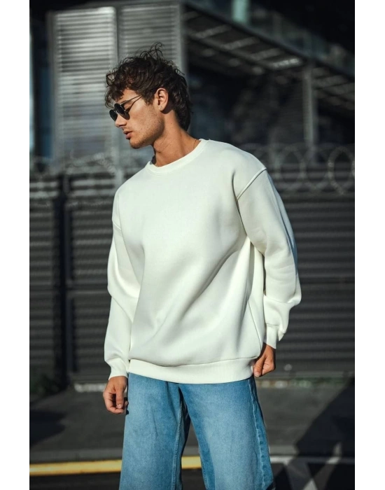 Kışlık Bisiklet Yaka Üç İplik Basic SweatShirt - Beyaz -