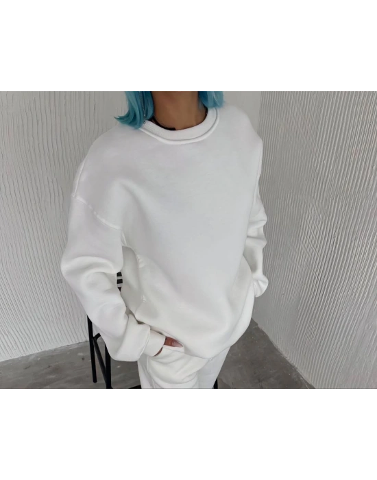 Kışlık Bisiklet Yaka Üç İplik Basic SweatShirt - Beyaz -