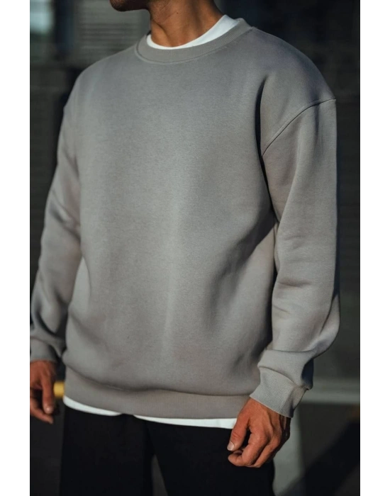 Kışlık Bisiklet Yaka Üç İplik Basic SweatShirt - Boyalı Gri -