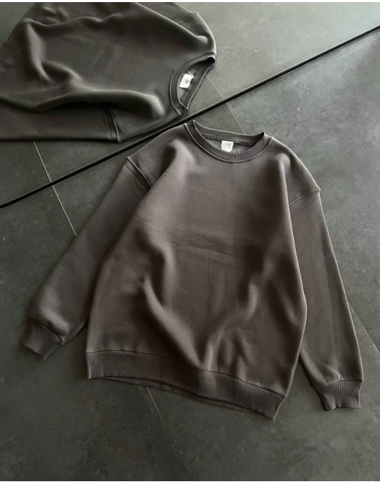 Kışlık Bisiklet Yaka Üç İplik Basic SweatShirt - Füme -