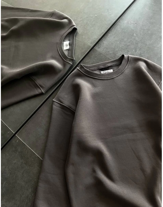 Kışlık Bisiklet Yaka Üç İplik Basic SweatShirt - Füme -