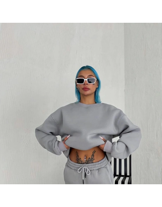 Kışlık Bisiklet Yaka Üç İplik Basic SweatShirt - Gri -